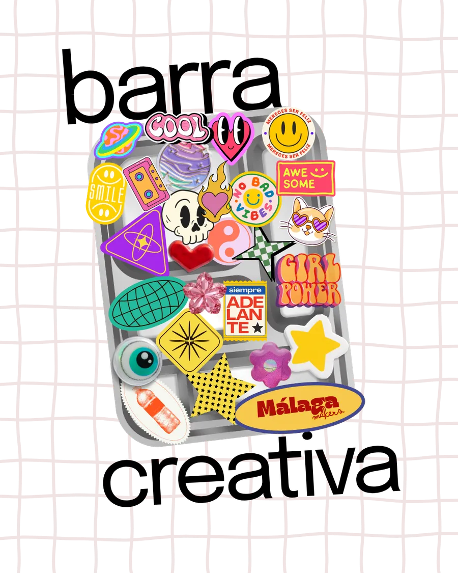 Barra creativa de Málaga Makers con pegatinas y piezas para personalizar