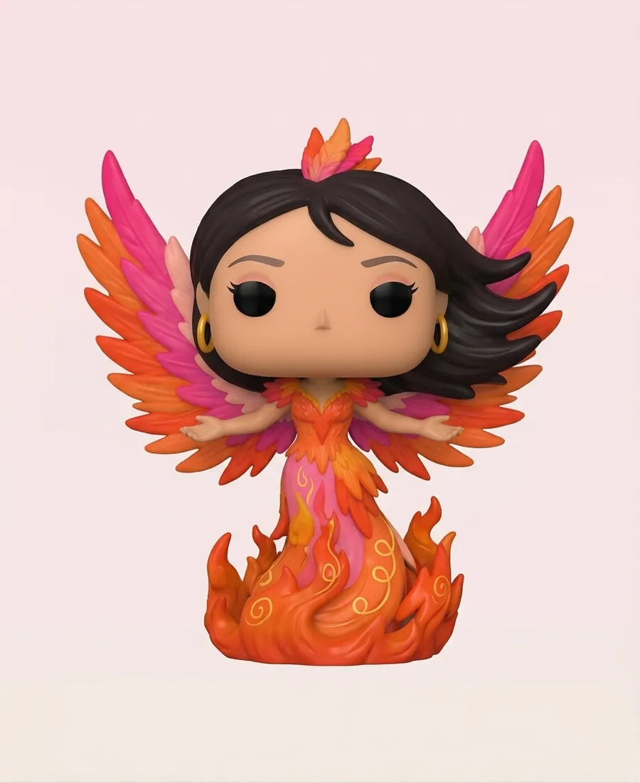 La Fénix art toy, an original Málaga Makers design: a winged warrior with a fiery dress in orange and pink